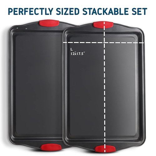 Baking Sheet Set, 2-Piece Large Cookie Sheet Set with Silicone Handles, Steel Baking Pan, Baking Sheets for Oven, BPA Free Nonstick Set, Half Sheet Pans, Black Baking Tray
