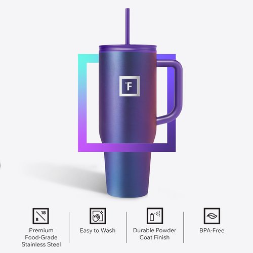 IRON °FLASK Co-Pilot Insulated Mug w/Straw & Flip Cap Lids - Cup Holder Bottle for Hot, Cold Drink - Leak-Proof - Water, Coffee Portable Travel Mug - Twilight Blue, 40 Oz