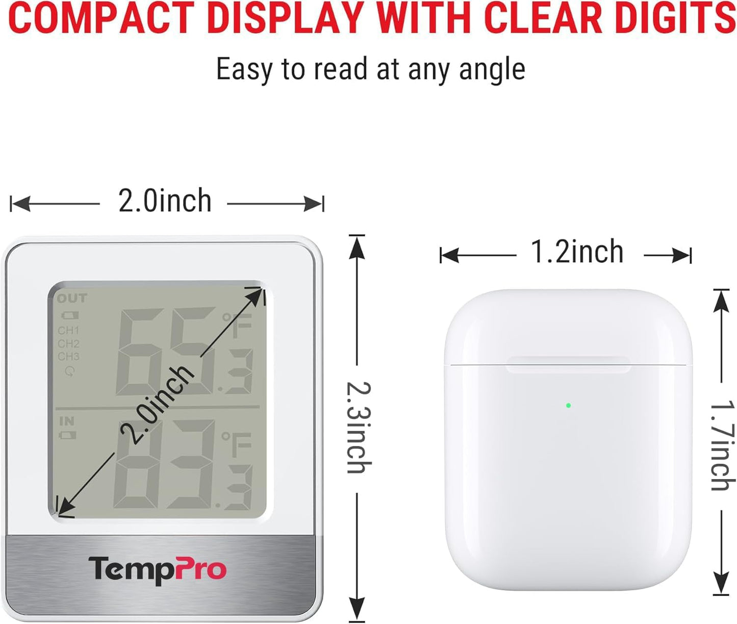 TempPro Wireless Indoor Outdoor Thermometer - 500FT Range Temperature Monitor for Home & Greenhouse