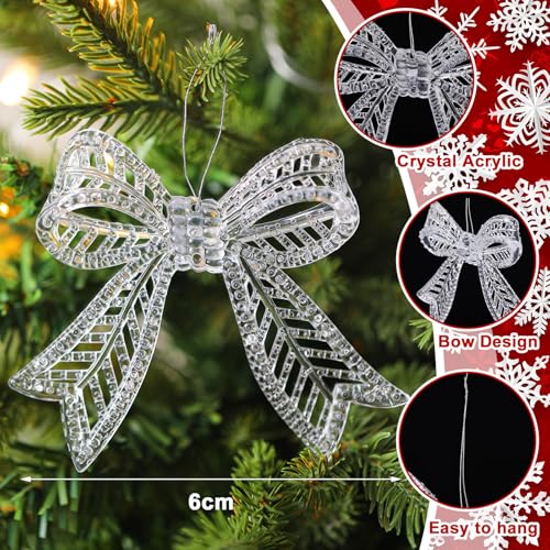 Crystal Bow Ornaments for Christmas Tree - Transparent Acrylic Holiday Decor, 18 Pack