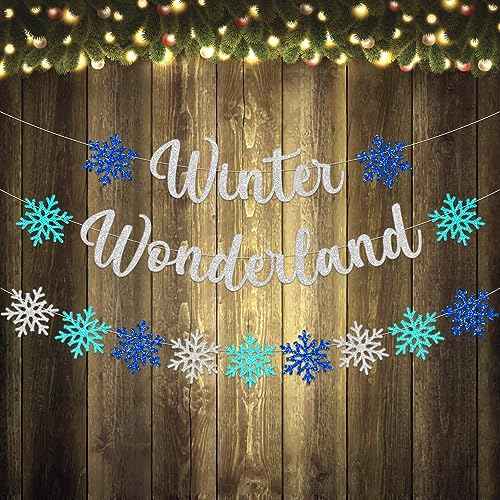 3 Pcs Winter Wonderland Banner Glittery Blue Silver Christmas Decorations Snowflake Banner for Winter Wonderland Frozen Themed Christmas Holiday Party D?cor