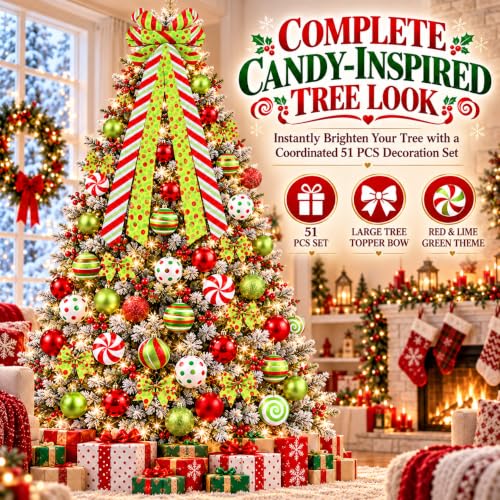 Bailiyake Christmas Tree Decorations Set with Red and Lime Green Ornaments, Wreath Bow & Elf Balls