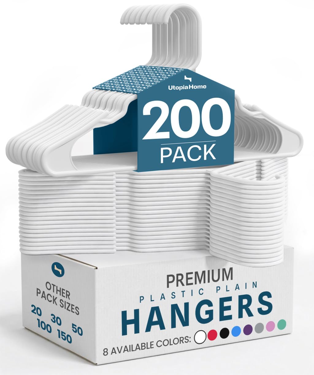 Utopia Home Plastic Hangers 200 Pack - Perfect Space Saving Clothes Hanger - Durable and Strong - Perfect Closet Organizers with Shoulder Grooves (White)