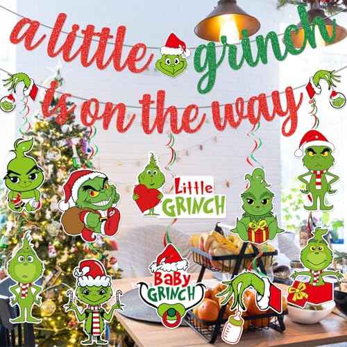 Green Monster Christmas Baby Shower Decorations with Banner Hanging Swirls for Whoville Gender Reveal Party Supplies