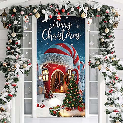 Irenare Christmas Decorations Merry Christmas Door Cover Xmas Background Banner Xmas Door Hanging Covers Photo Booth Props for Winter Party Decorations Supplies, 70.9 x 35.4 Inch (Classic Style)