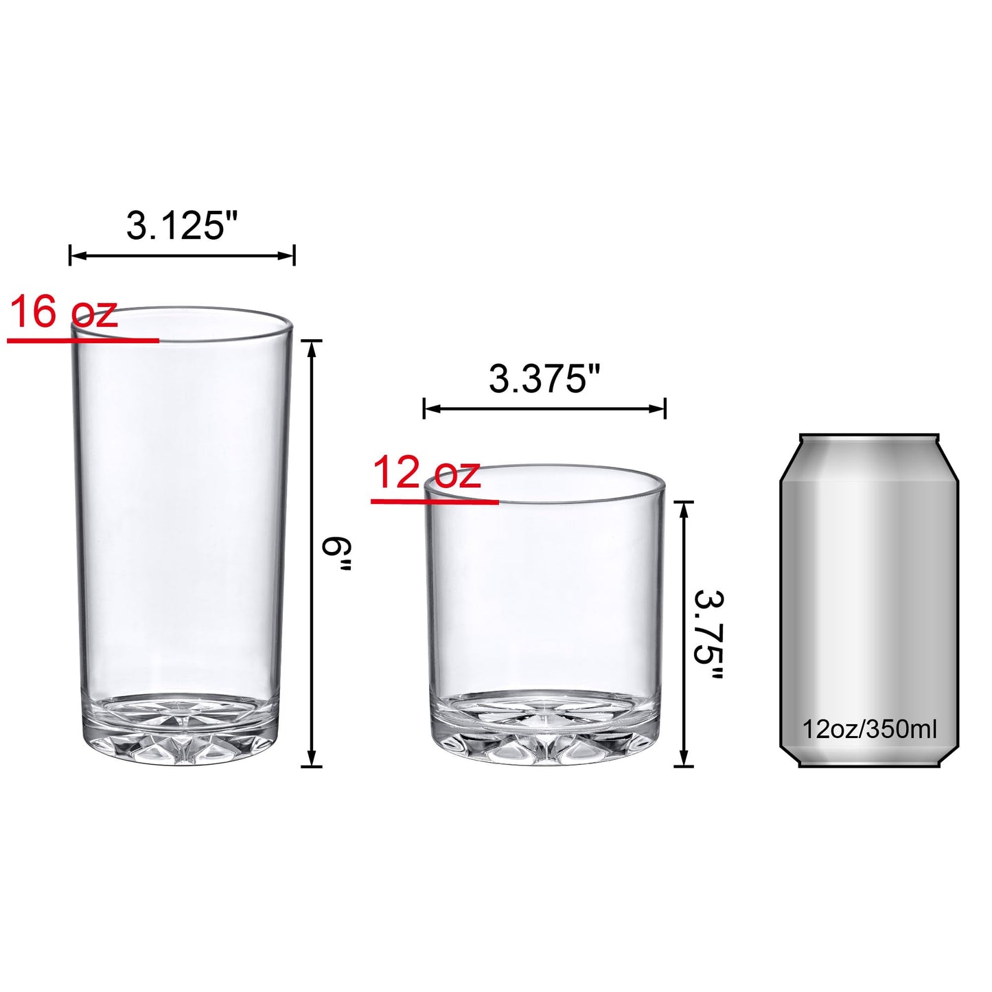 Amazing Abby - Liberty - 12-Ounce and 16-Ounce Plastic Tumblers (Set of 16), Plastic Drinking Glasses, All-Clear Reusable Plastic Cups, BPA-Free, Shatter-Proof, Dishwasher-Safe
