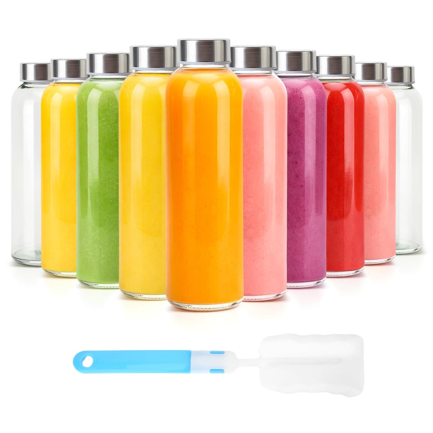 Luxfuel Clear Glass Bottles with Lids 18 oz, Reusable Glass Water Bottles with Stainless Steel Cap for Juicing,Refrigerator,100% Leak Proof, BPA Free