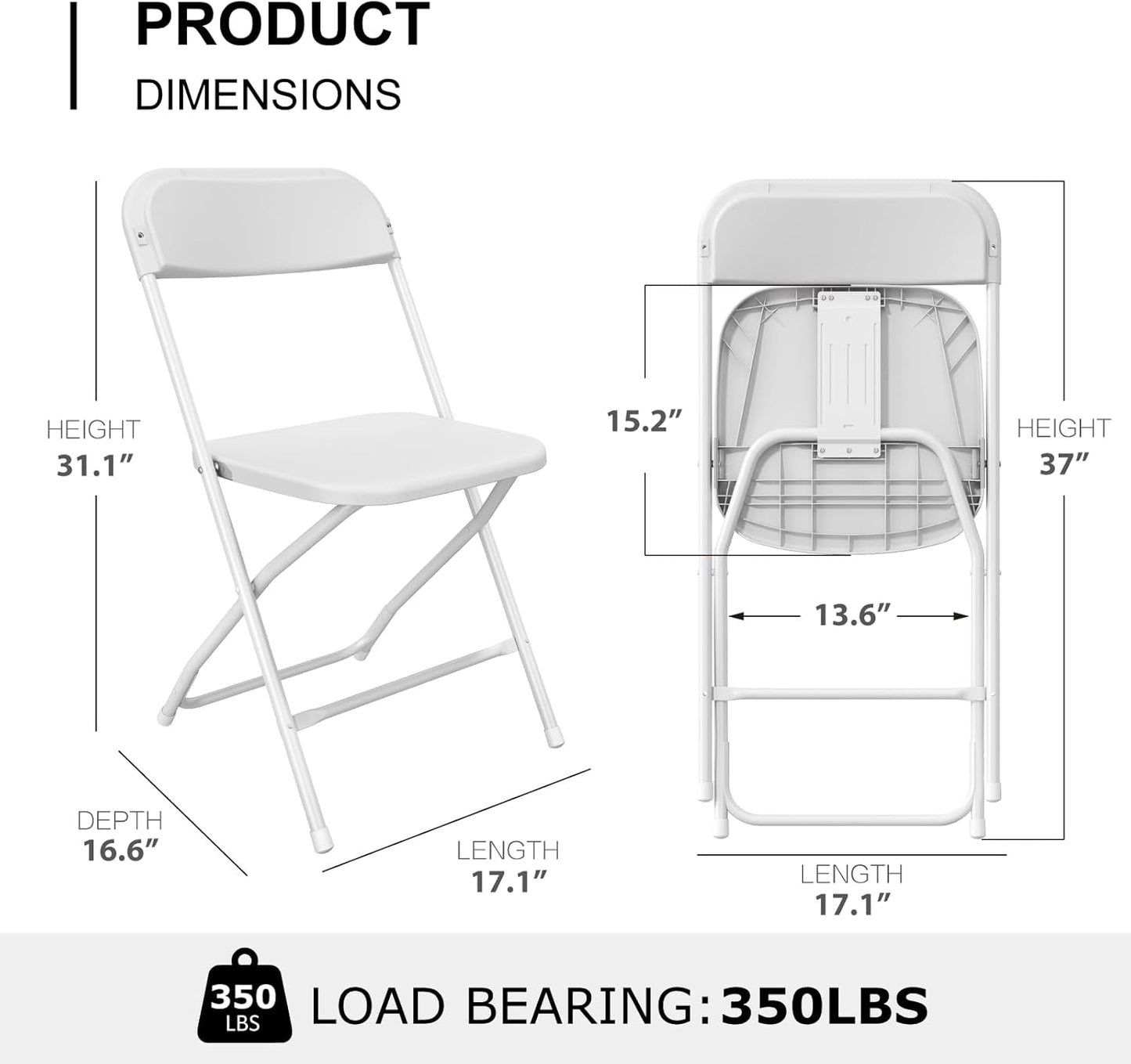 White Folding Chairs 10-Pack by [Brand Name] - Portable, Stackable Plastic Seats for Events | 350lbs Capacity