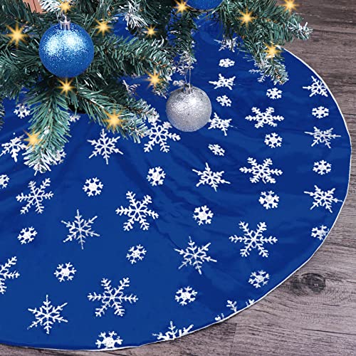 Silver Bunny Chorus Christmas Tree Skirt 36 Inch Blue Velvet with Sequin Snowflakes