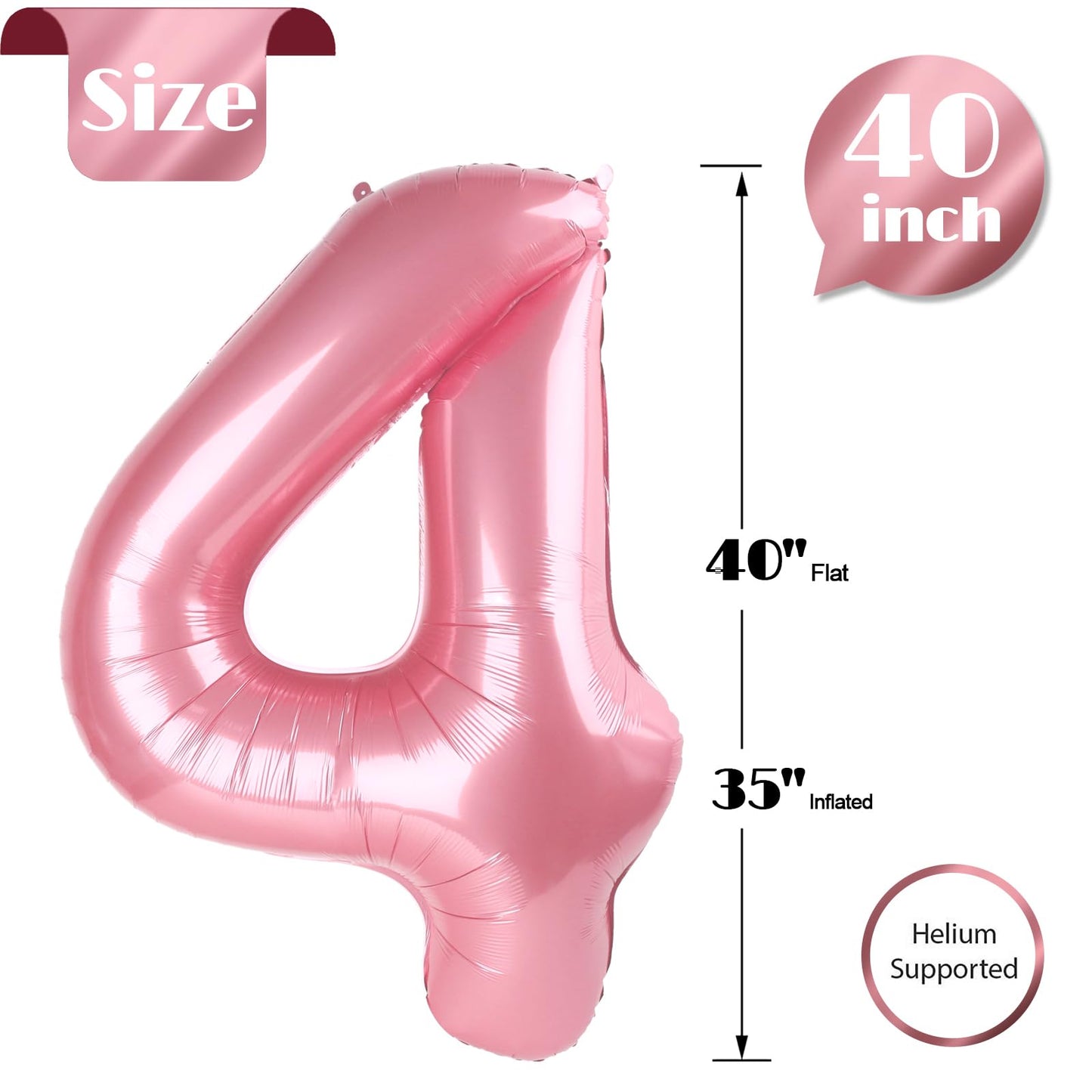 Pearlescent Pink Number 4 Balloon 40 Inch, 4th Birthday Party Decorations for Children, Giant 4 Foil Balloon for Party Supplies