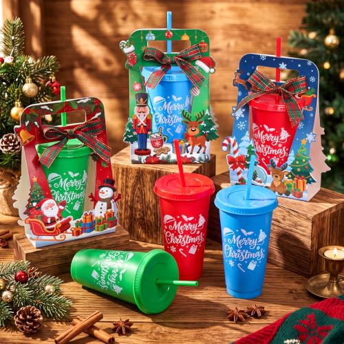 Honeydak 12 Pack Christmas 24oz Plastic Tumblers with Gift Boxes & Ribbons