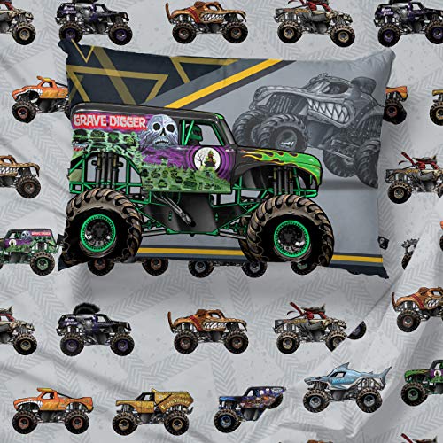 Monster Jam Twin Bed Set - Reversible Comforter & Sheet Bedding for Kids, Grave Digger & Max-D