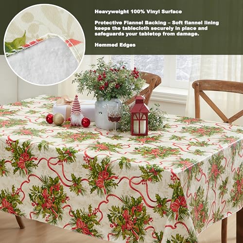 Newbridge Holly Traditions 60 x 102 Inch Rectangle Vinyl Tablecloth with Flannel Backing