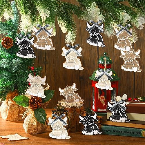 Poen 36 Pcs Highland Cow Christmas Wooden Ornaments - Black White Cow Style, Holiday Tree Decorations