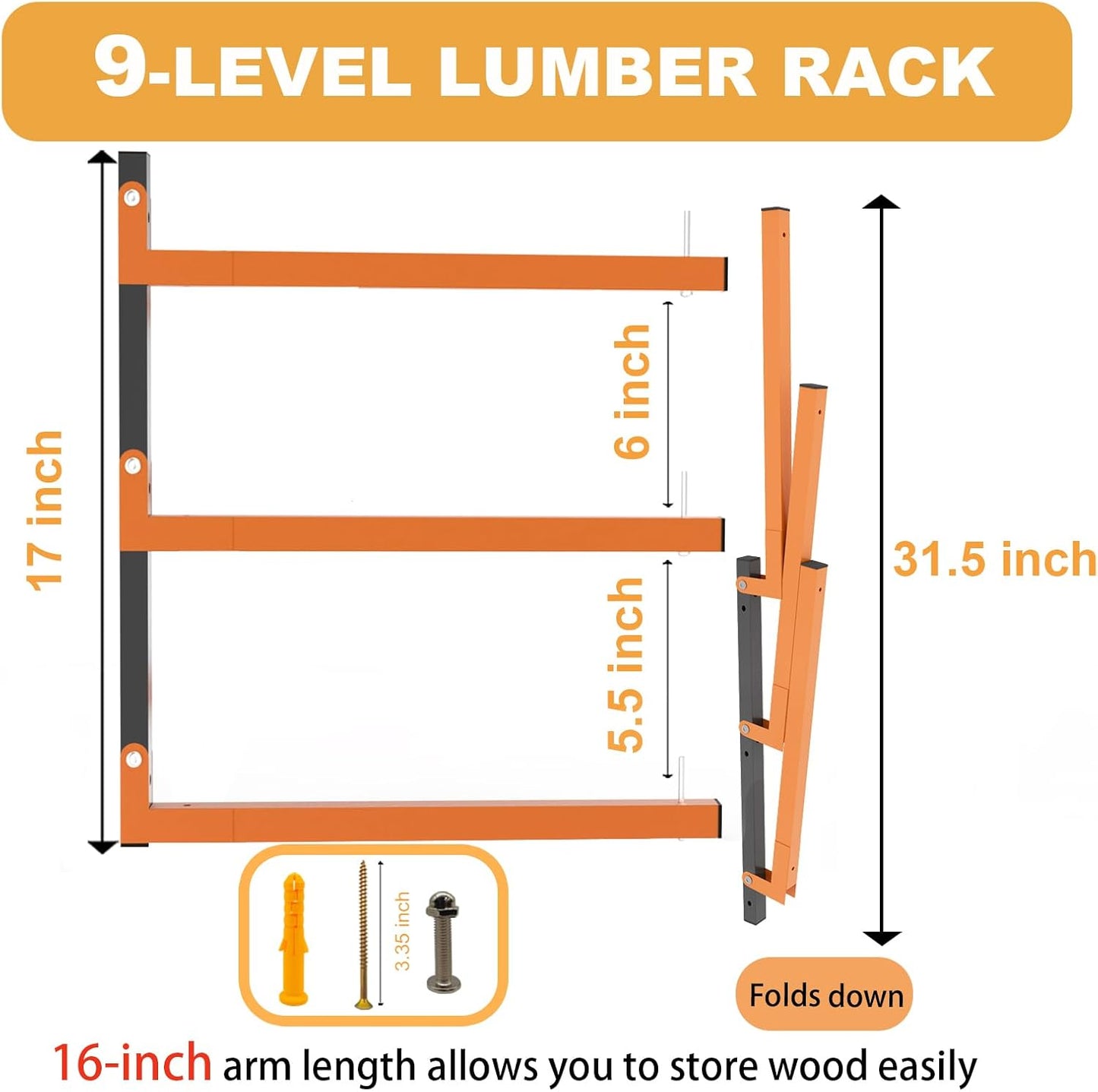 Lumber Rack Heavy Duty Wall Mount Wood Storage Racks - 9-Level Garage Shelving System | 1080 Lbs Capacity, 6 Pack
