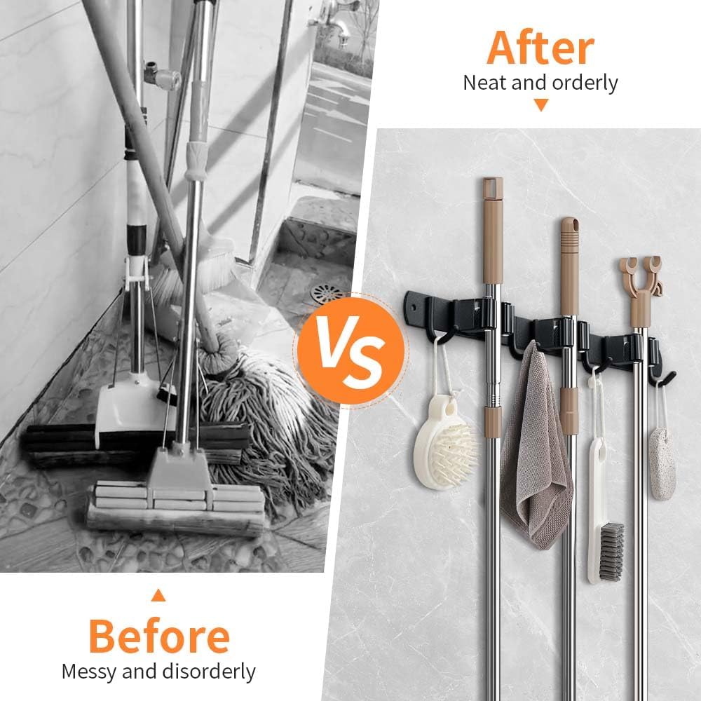 Stainless Steel Broom Hanger & Mop Holder | Heavy-Duty Garden Tool Organizer Rack - Matte Black, 2 Pack