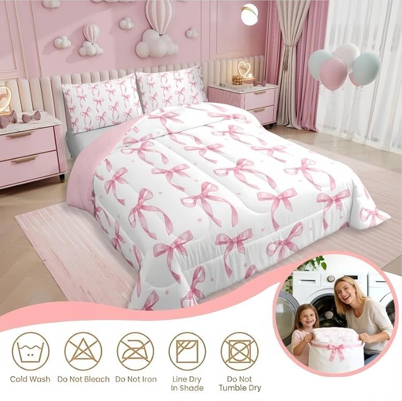 Pink Bow Queen Comforter Set with Pillowcases - Reversible Bedroom Bedding, Girl Kids Teen Decor, White Variation