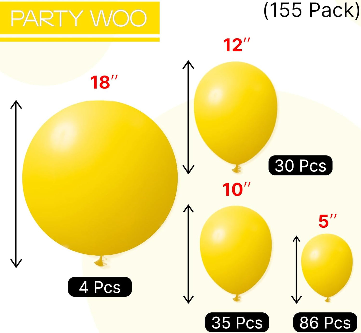 PartyWoo Yellow Balloons - 155-Piece Matte Latex Balloon Arch Kit for Easter & Birthday Celebrations | 5-18 Inch Sizes