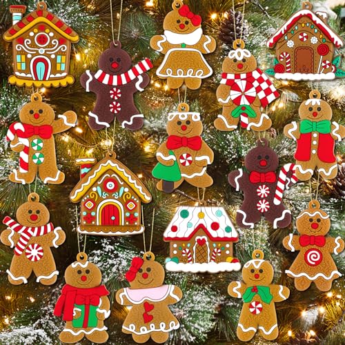 16Pcs Gingerbread Man Ornaments for Christmas Tree Gingerbread Christmas Decorations with Gingerbreads House Ornament for Christmas Tree Hanging Party Decor