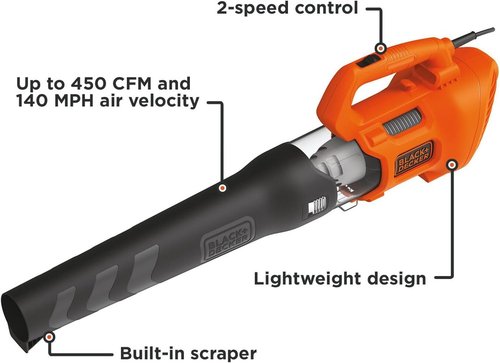 BLACK + DECKER Electric Leaf Blower - Lightweight Handheld Design, 450 CFM & 140 MPH Power, Corded