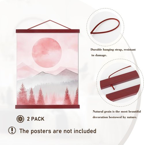 Artmag 2 Pack Magnetic Poster Hanger Frame, 20x28 20x30 20x26 Light Wood Wooden Magnet Canvas Artwork Print Dowel Poster Hangers Frames Hanging Kit (Mahogany, 20",2 Packs)