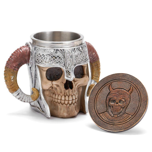 Stainless Steel Viking Skull Mug+Coaster,Double Handle Horn Skull Beer Mug Tankard, Medieval Skull Drinkware Mug for Coffee/Beverage/Juice17oz.