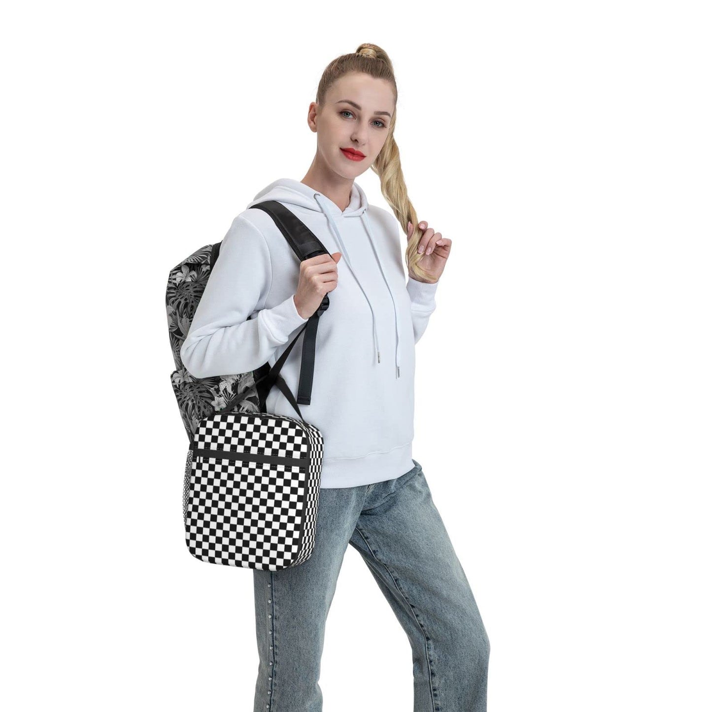 NKHFNBIO Black White Checkerboard Insulated Lunch Box Bag Portable Lunch Tote For Women Men And Kids