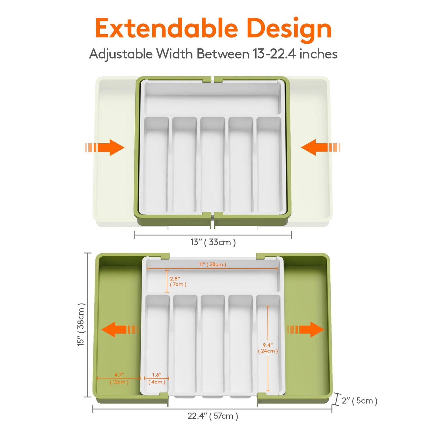 Lifewit Silverware Drawer Organizer, Expandable Utensil Tray for Kitchen, BPA Free Flatware and Cutlery Holder, Adjustable Plastic Storage for Spoons Forks Knives, 13-22 x 15", Green&White