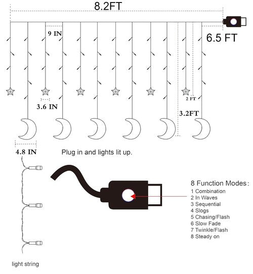 FUNPENY Star Moon Curtain String Lights, 138 LED Window Lights with Remote Control, Warm White Fairy Lights with 8 Modes for Indoor, Wedding, Party, Bedroom, Patio Lawn, Ramadan Decorations