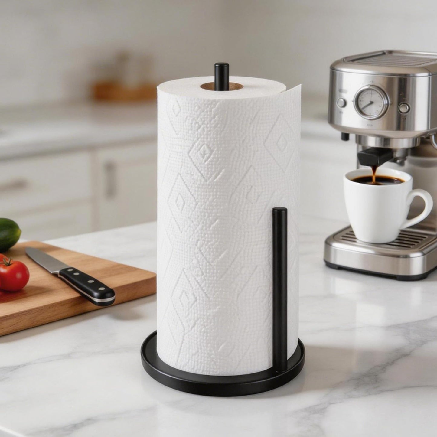 Black Paper Towel Holder Countertop, Paper Roll Holder Stand with Anti-Slip Weighted Base, Easy-Tear Papers Towel Rack Free Standing Tissue Dispenser for Bathroom Kitchen Organization RV Essentials