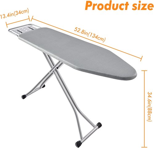 BKTD Ironing Board - Heat Resistant Cover with Steam Rest | Non-Slip Foldable Design, Silver Gray (13" x 34" x 53")