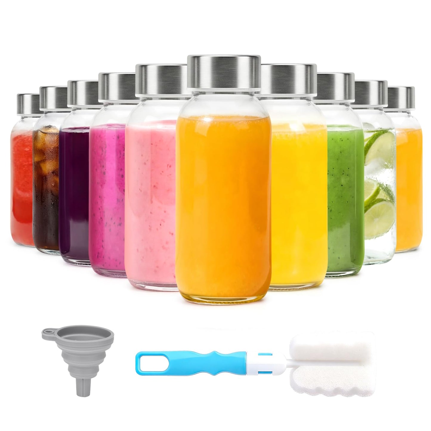 Luxfuel 8 oz Glass Water Bottles with Lids, 10 Pack Small Glass Juice Bottles with Stainless Steel Caps & Funnel, Leak-Proof Containers for Juicing, Milk, Ginger Shots, Smoothies, Wellness Drinks