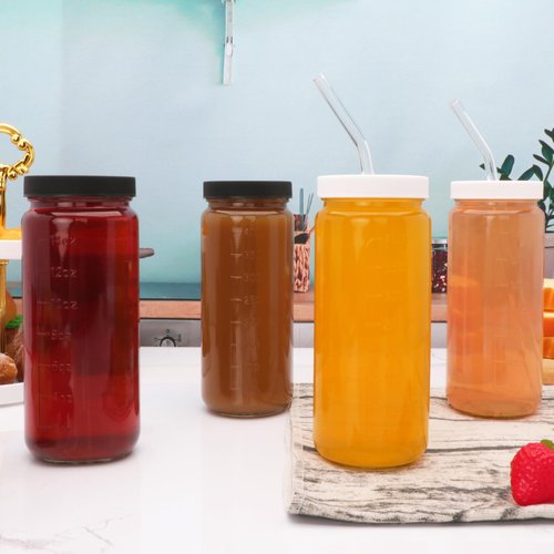 Encheng 16 oz Glass Juice Bottles with Lids,9 Pack Reusable Juicing Bottles Drinking Jars with Lids and Straws,Clear Round Smoothies Cup for Juicing,Kombucha,Water,Milk,Travel