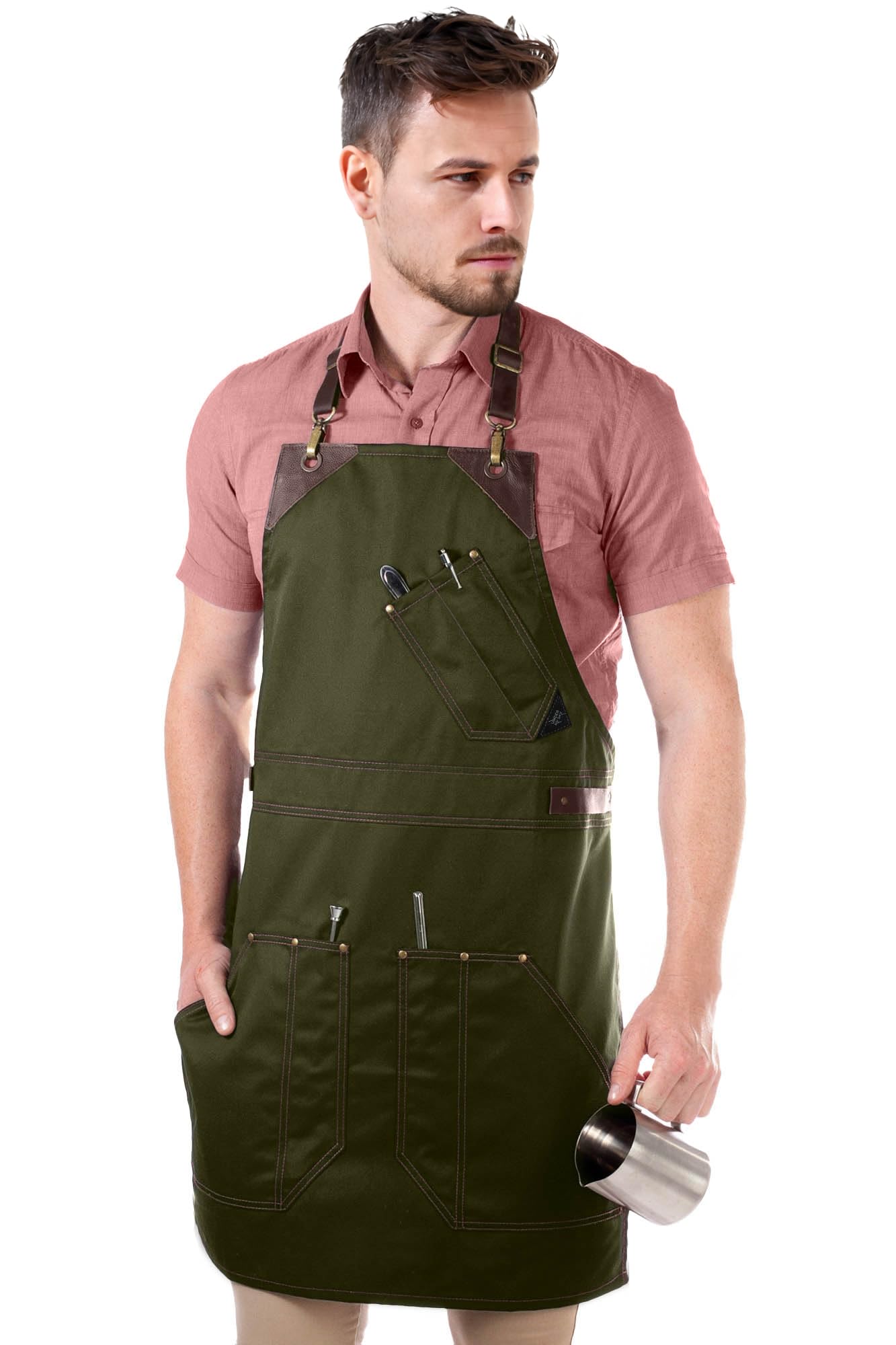 Under NY Sky Barista Apron - Brown Leather Straps and Reinforcement - Riveted Pockets - Double Stiched - Leather Ring Loop - Professional Green Twill - Double as Half Bistro Apron - Chefs, Bartender