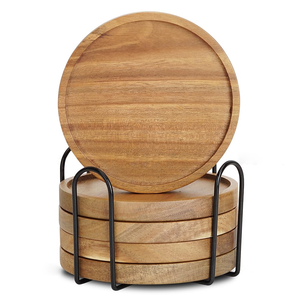 RIHLA Acacia Wood Coasters with Lip, Set of 5 with Holder - Elegant and Functional Wooden Drink Coasters for Home Coffee Table & Office