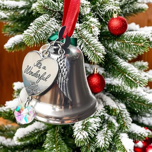 It's a Wonderful Life Christmas Bell Ornament, Stainless Steel Christmas Ornaments for Christmas Tree Wedding Anniversary Decoration Pendants with Angel Wings and Crystal Charm