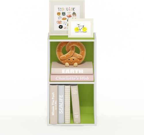 Furinno PASIR 2-Tier Modern Bookshelf - Open Shelves Bookcase for Living Room & Home Office | Green/White