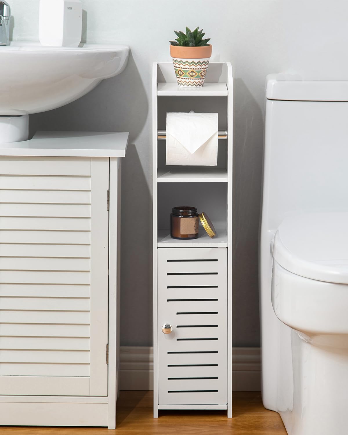 AOJEZOR Toilet Paper Holder Stand - No Drill PVC Design for Small Bathroom Storage | Ideal for Apartments