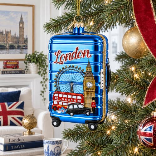 London Landmarks Suitcase Glass Christmas Ornament - Handcrafted Holiday Decor