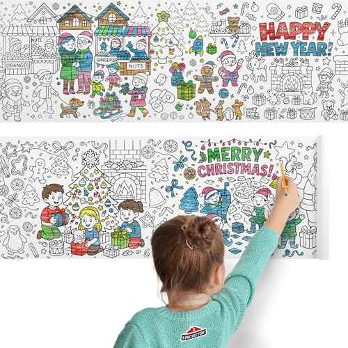X-Protector Christmas Coloring Roll 118x12 in - Giant Paper Table Coloring Sheet for Kid - Drawing Roll Paper for Kids with Sticky Backing - Fun Kids Christmas Activity & Party Decorations!