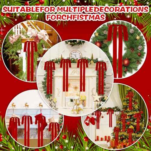 DIYDEC 8PCS Large Red Christmas Bow 23.5x15.5 Inch Velvet Xmas Tree Topper Bows Ribbon Hanging Ornament for Christmas Holiday Home Outdoor Indoor Party Garland Crafts Decoration(Bright Red)