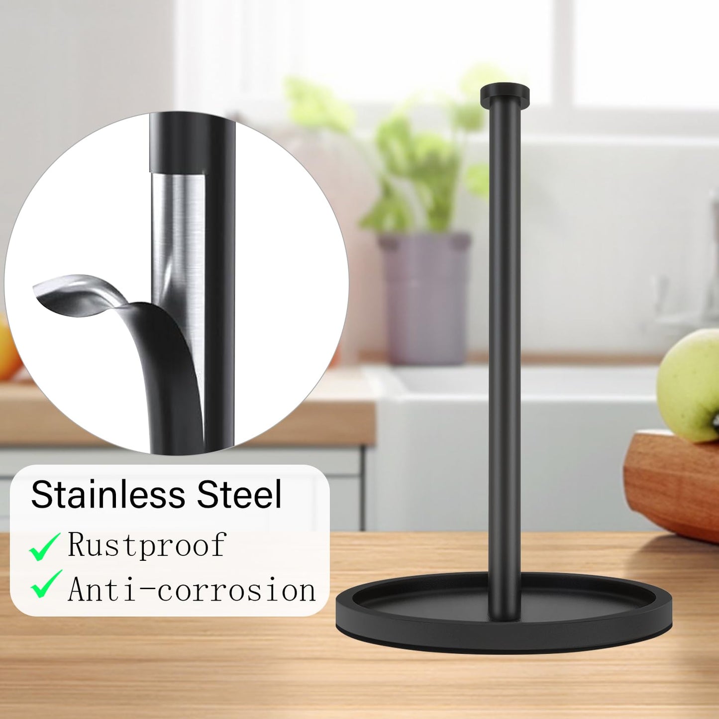 Paper Towel Holder Countertop, Stainless Steel Standing Paper Roll Holder with Anti Slip Weighted Base, Freestanding Paper Towel Holders for Kitchen, Matte Black