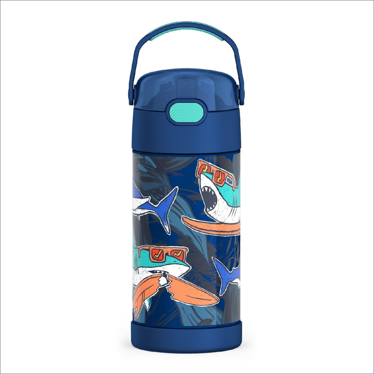 THERMOS FUNTAINER Water Bottle - 12 Ounce Kids Stainless Steel Vacuum Insulated with Straw | Surfin Sharks