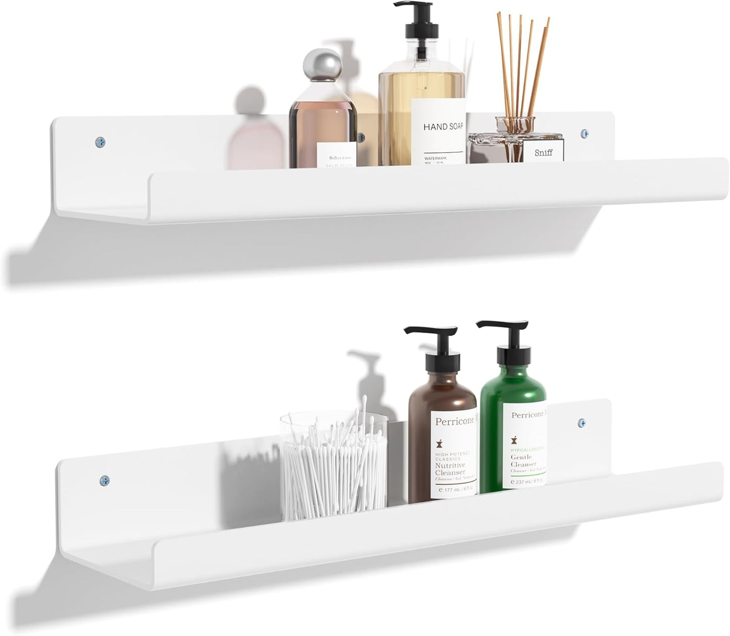 Upsimples Acrylic Wall Shelves - 15" Floating Display Shelf for Perfume & Books | White, 2 Pack