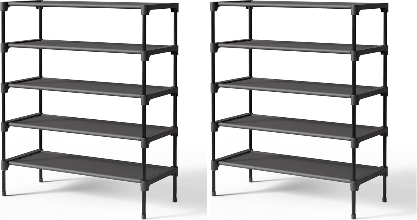 Kitsure Shoe Rack - Stackable Non-Woven Shoe Organizer for Closet & Entryway | 5-Tier, 27.5" Wide, Black (Pack of 2)