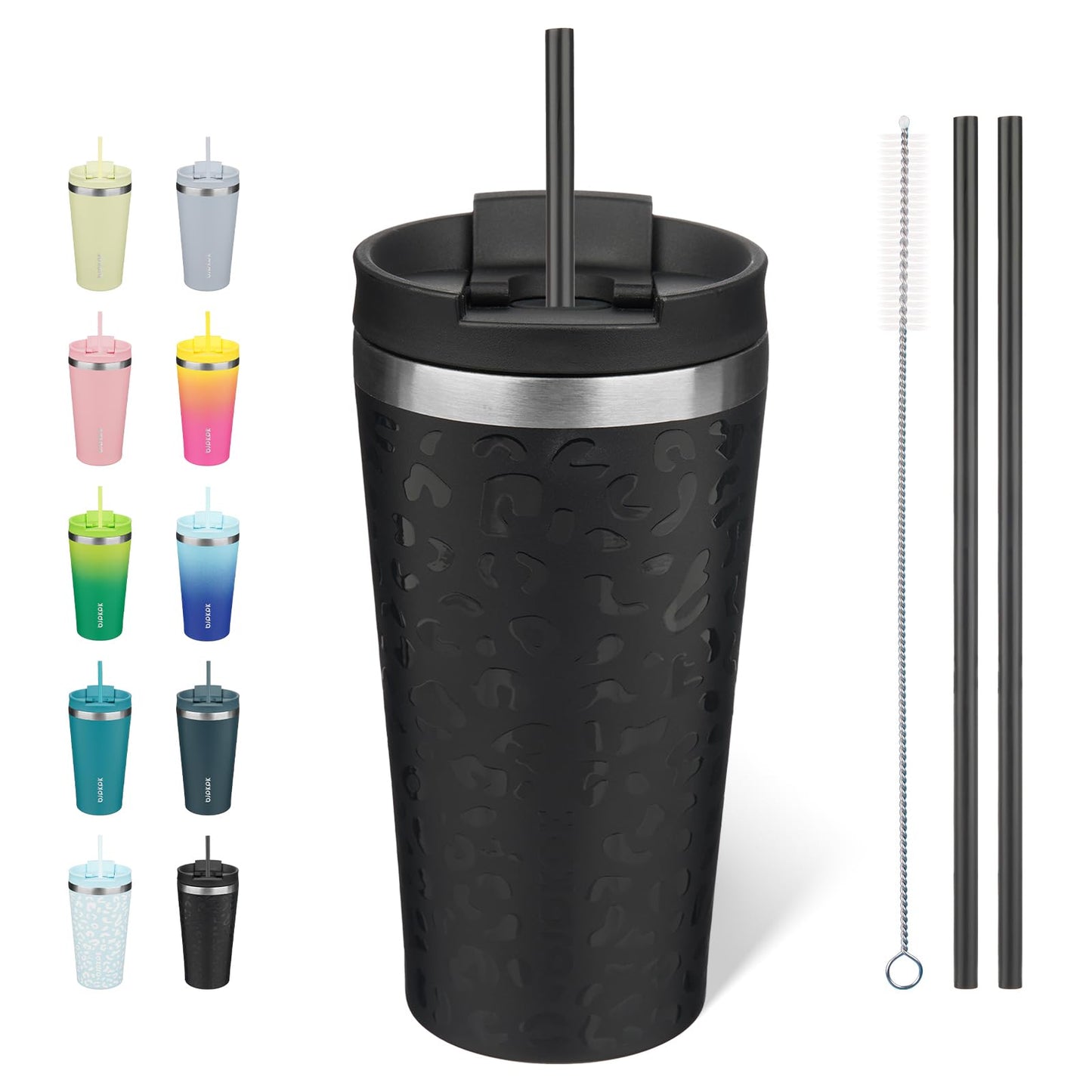 BJPKPK 18oz Insulated Tumbler With lid And Straw Stainless Steel Tumblers Travel Coffee Mug Reusable Thermal Cup,Black Leopard
