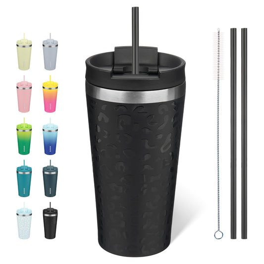 BJPKPK 18oz Insulated Tumbler With lid And Straw Stainless Steel Tumblers Travel Coffee Mug Reusable Thermal Cup,Black Leopard