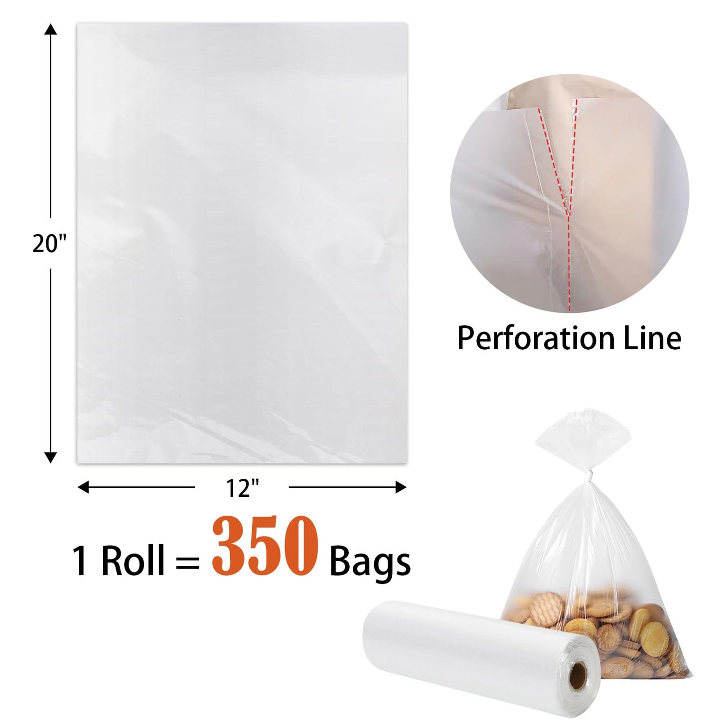 12" x 20" Clear Plastic Produce Bag on a Roll, Food Storage Bags for Vegetables, Bread, Fruits and Meat, Easy To Tear, Continuous Roll- 350 Bags/Roll - [2 Rolls]