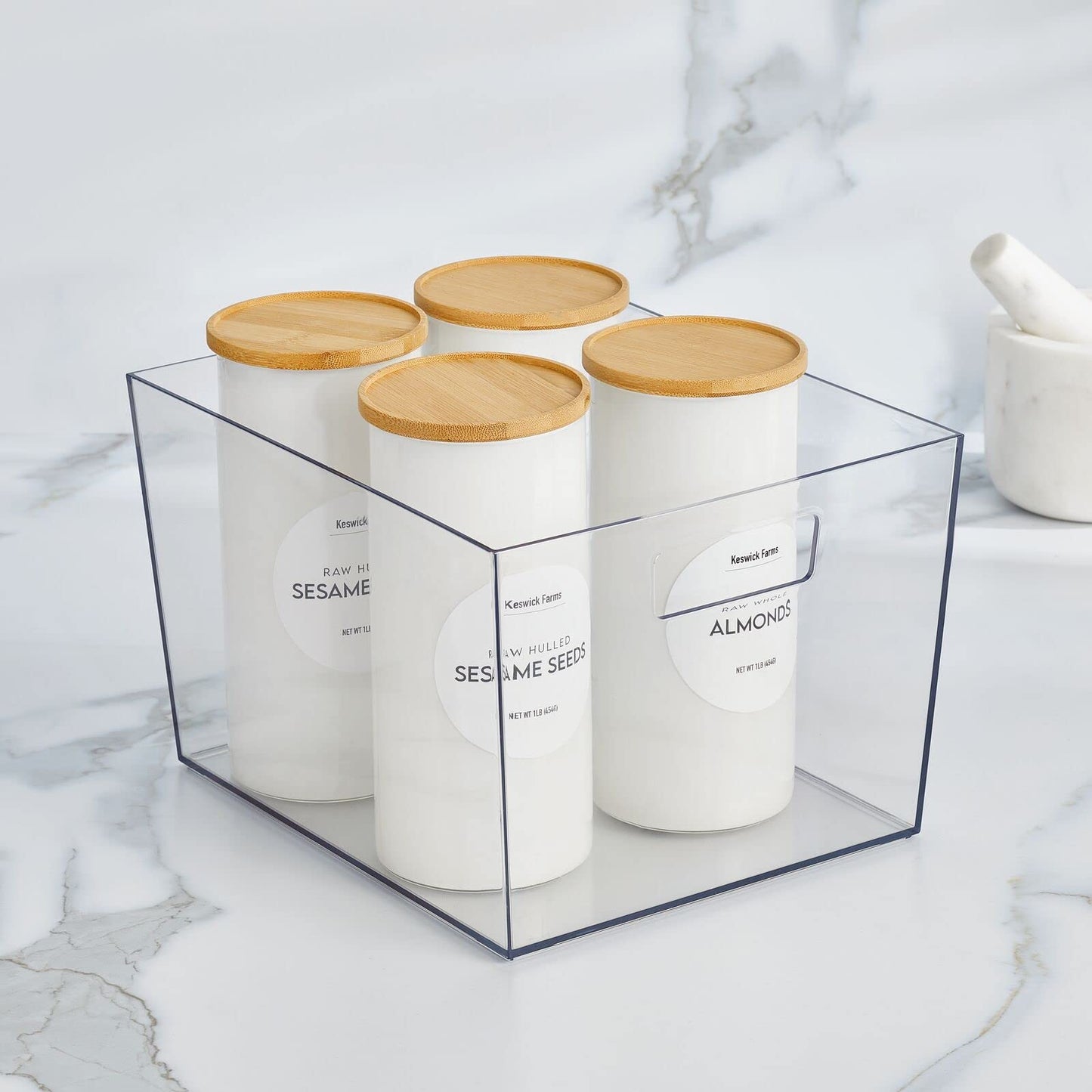 mDesign Nate Home by Nate Berkus Wide Plastic Bin with Handles | Perfect Organizer for Kitchen Storage or Fridge, and Pantry Organization from mDesign - Set of 2, Clear