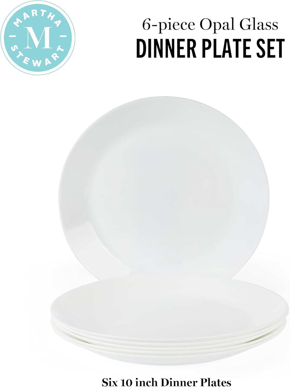 Martha Stewart Opalton Dinner Plates - 10-Inch Chip and Break Resistant 6-Piece Set | Elegant White Design
